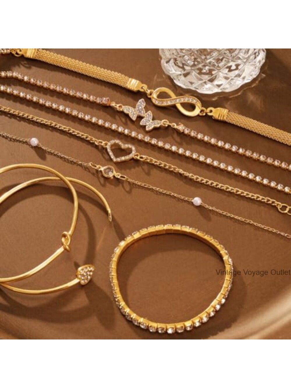 Stackable Bracelet Set Chain Cuff Bangle Rhinestone Charm Adjustable - Picture 3 of 6